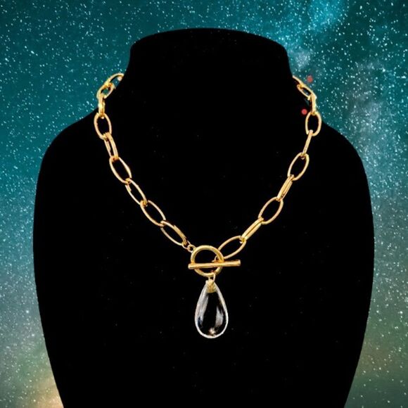 SPARKLING WATER DROP CRYSTAL PENDANT GOLDTONE CHAIN NECKLACE. - Picture 3 of 7